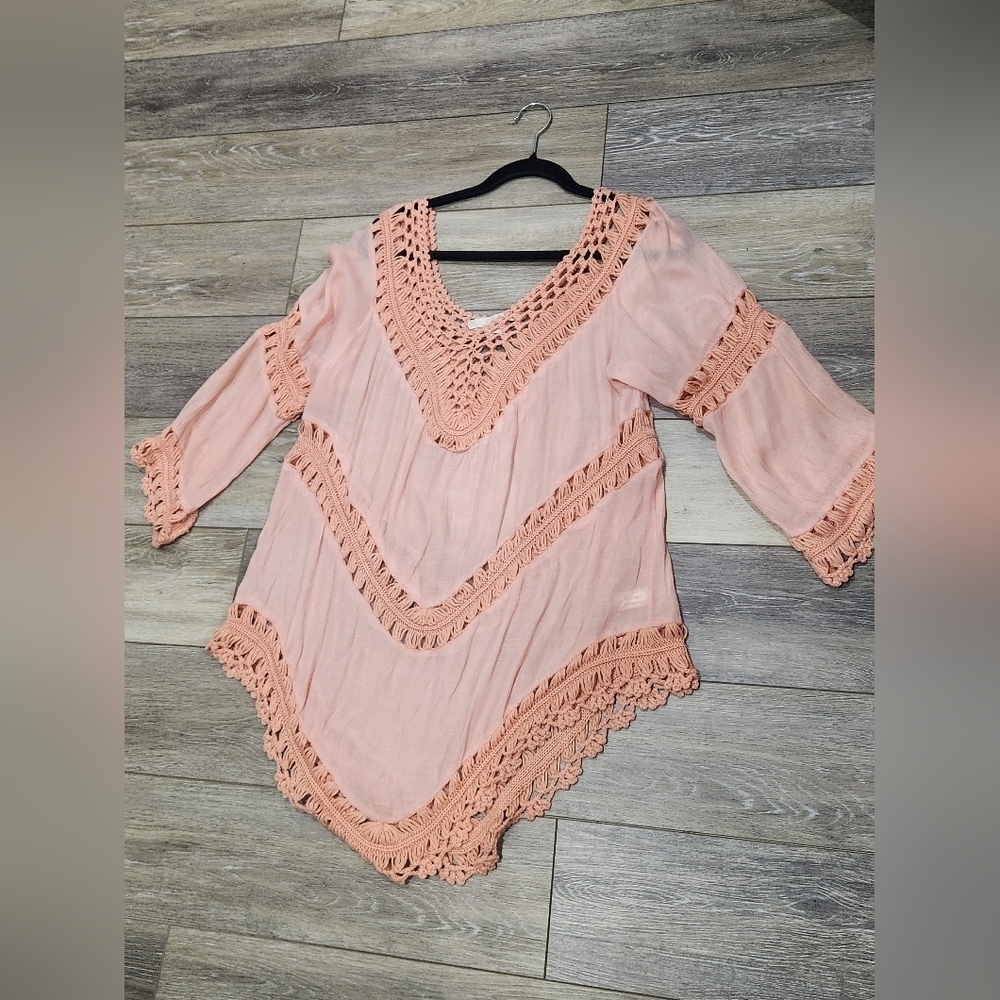 Boston Proper Coral Crochet Accent Tunic Size Xlarge Summer Boho - Picture 2 of 8